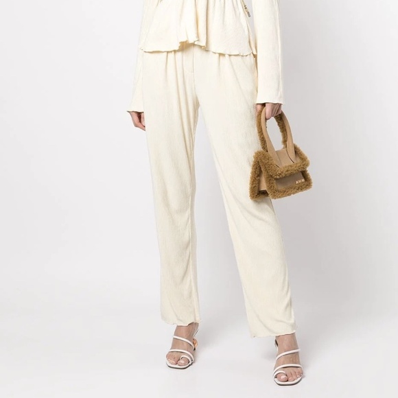 NWT Jonathan Simkhai Alena Matte Plisse Straight Leg Pant in ﻿Buttercream Sz. L - Picture 1 of 7